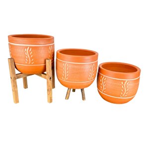 Bitki Tasarımı Ev Dekorasyon Nakış Desenli Toprak Saksı Saksılık Salon Çiçeklik Üçlü Set - 19 Cm