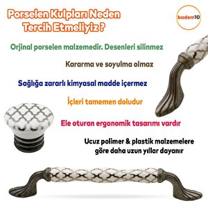 Carvent Lüks Porselen (128 Mm-12.8 Cm) Beyaz Eskitme Antik Gümüş Mobilya Mutfak Dolap Kulpu Kulbu