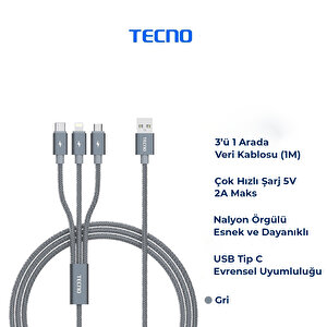 Tecno İphone Se 3in1 Lightning, Type-c, Micro Çıkışlı Örgülü Hızlı Data Ve Şarj Kablosu