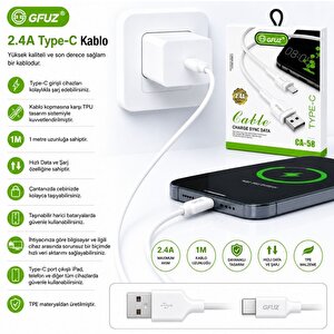 Gfuz Ca58 2.4a Usba To Type-c Data Ve Hızlı Şarj Kablosu Beyaz