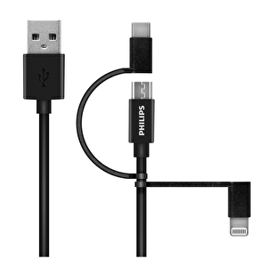 Philips Mfi̇ Apple Lisanslı Dlc3106t 3in1 Micro Usb-lightining-type-c Hızlı Şarj Ve Data Kablosu 2m Siyah