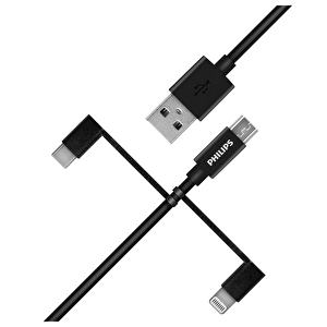 Philips Mfi̇ Apple Lisanslı Dlc3106t 3in1 Micro Usb-lightining-type-c Hızlı Şarj Ve Data Kablosu 2m Siyah
