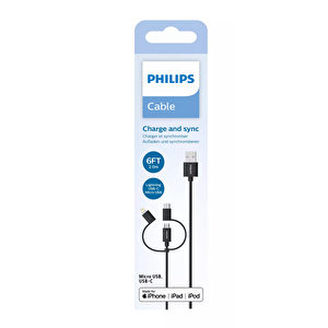 Philips Mfi̇ Apple Lisanslı Dlc3106t 3in1 Micro Usb-lightining-type-c Hızlı Şarj Ve Data Kablosu 2m Siyah