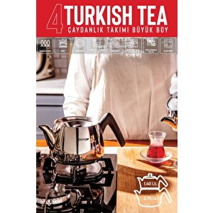 4 Turkish Tea 18/10 Paslanmaz Çelik Çaydanlık Takımı Büyük Boy St-501