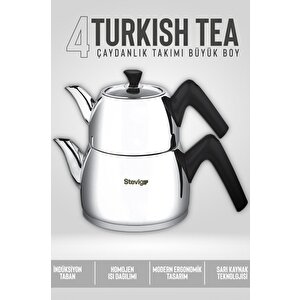 Stevig 4 Turkish Tea 18/10 Paslanmaz Çelik Çaydanlık Takımı Büyük Boy St-501