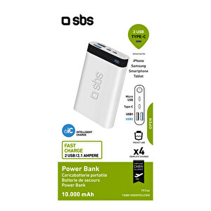 Sbs İntelligent Fast Charge 10.000mah 2xusba + Type-c Çıkışlı Led Göstergeli 2m Type-c To Lightning Kablolu Powerbank Beyaz