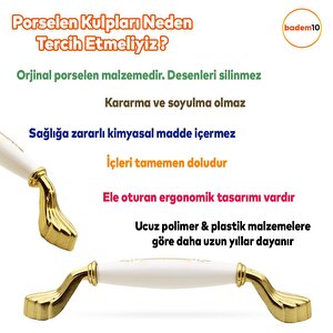 Elpedroso Lüks Porselen Mobilya Mutfak Çekmece Dolap Dolabı Kulpu Kulbu (128 Mm-12.8 Cm) Beyaz Gold
