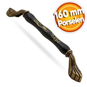 Faviera Lüks Porselen Mobilya Çekmece Dolap Kapak Kulpu Kulbu (160 Mm-16.0 Cm) Siyah Antik Sarı
