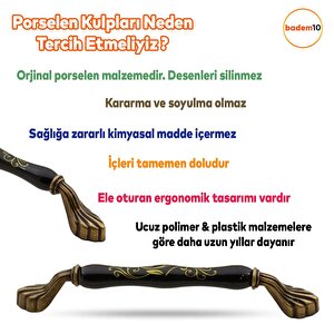 Faviera Lüks Porselen Mobilya Çekmece Dolap Kapak Kulpu Kulbu (160 Mm-16.0 Cm) Siyah Antik Sarı