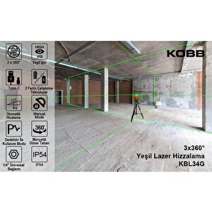 Kobb Kbl34gtp 40 Metre Profesyonel Li-ion Şarjlı 3x360⁰ Otomatik Hizalamalı Yeşil Çapraz Çizgi Lazer Distomat + Tripod