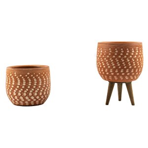 Ev Dekorasyon Beyaz Nokta Desenli Terakota Toprak Saksı Saksılık Salon Çiçeklik İkili Set Ayaksız, 3 Ayaklı 12 Cm