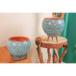Bitki Tasarımı Turkuaz Şekilli artistik Çift Sırlı İç Ve Dış Mekan Kullanımlı Tabaklı Ve Ayaklı Toprak Terrakota Saksı Saksılık Çi