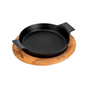 Döküm Yuvarlak Sahan Döküm Demir Yekpare Çift Kulplu Kayın Servis Ahşabı. Çap(ø)18cm.