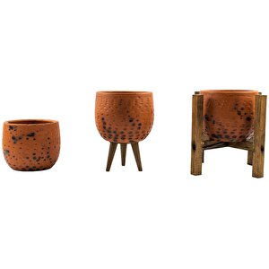 Siyah Nokta Desenli Terakota Toprak Saksı Saksılık Salon Çiçeklik Üçlü Set 12 Cm