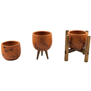 Siyah Nokta Desenli Terakota Toprak Saksı Saksılık Salon Çiçeklik Üçlü Set 12 Cm