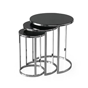 Sedef Ayna Camlı Metal Yuvarlak 3 Lü Zigon Sehpa Gri