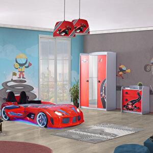 Formula Çocuk Odası - Audi Arabalı Yatak + Şifonyer + Aynalı Dolap -kırmızı