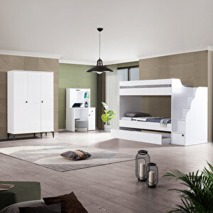 Genç Odası, White Complex Yavrulu Ranza + Çalışma Masası + 3 Kapaklı Dolap