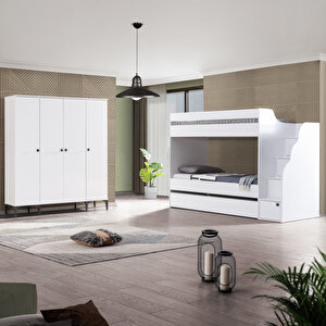 Genç Odası, White Complex Yavrulu Ranza + 4 Kapaklı Dolap