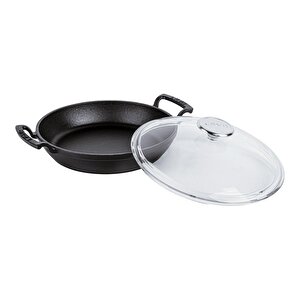 Döküm Yuvarlak Sahan Cam Kapaklı Döküm Demir Yekpare Çift Kulplu Çap(ø)24cm.