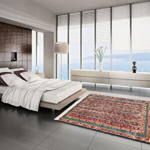 Baskılı Kilim Classic Çiçek Yaprak Motif Desen Kırmızı Sarı Lacivert