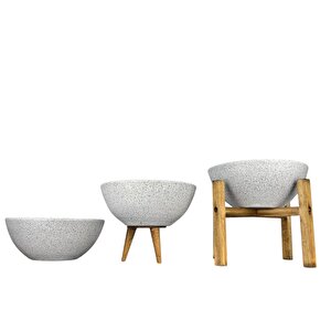 Ev Dekorasyon Beyaz Granit Aranjman Sunumluk Toprak Saksı Üçlü Set 20 Cm Çap