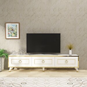 Sona 180cm Dolaplı Modern Tasarım Tv Ünitesi, Beyaz Gold Bant - Sona180