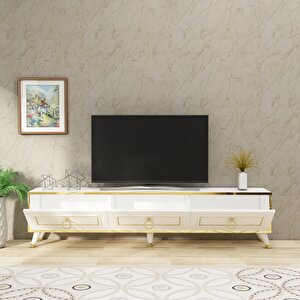 Sona 180cm Dolaplı Modern Tasarım Tv Ünitesi, Beyaz Gold Bant - Sona180