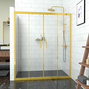 Gold Castor 6mm Şeffaf Cam Orta Açılır 2 Sabit 2 Sürgü İki Duvar Arası Duşakabin