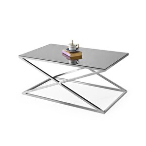 Çapraz Ayna Camlı Metal Dikdörtgen Orta Sehpa 100x60cm Gri