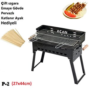 Açan P2 Pervazlı Büyük Boy Mangal Emaye Çift ızgara Kömür Barbekü Katlanır Ayaklı ızgara