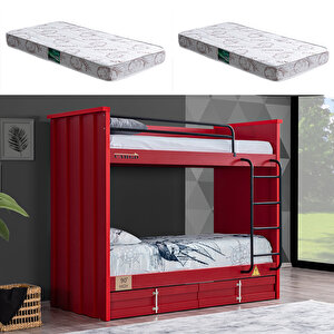 Konteyner Çekmeceli Ranza - Kırmızı + 2 Adet Comfort Ortopedik Yatak