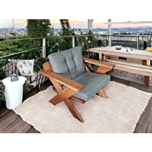 Berlin Masif Ahşap Bahçe Balkon Koltuk Kestane Ağacı 3+1+1 Koltuk, Masa Ve Puf Takımı Gri K.t.
