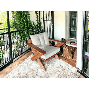 Berlin Masif Ahşap Bahçe Balkon Koltuk Kestane Ağacı 3+1+1 Koltuk, Masa Ve Puf Takımı Krem K.t.
