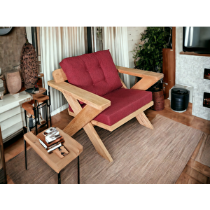 Berlin Masif Ahşap Bahçe Balkon Koltuk Kestane Ağacı 3+1+1 Koltuk, Masa Ve Puf Takımı Bordo A.t.