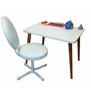 İlk Ofisim Çocuk Ders Çalışma Masası Takımı Döner Koltuk Ahşap Ayak Masa Sandalye Masa Seti Beyaz