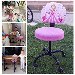 Prenses Sindirella Desenli Çocuk Odası Ders Çalışma Koltuk Ve Masa Seti Tekerlekli Sandalye Ve Sehpa