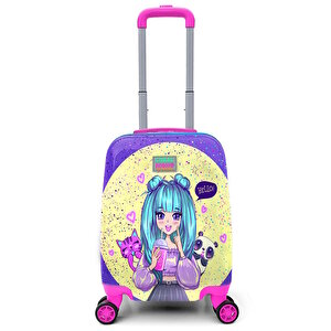 4 Tekerlekli Policarbon Kırılmaz Çocuk Valizi Lila Anime Kız Desenli