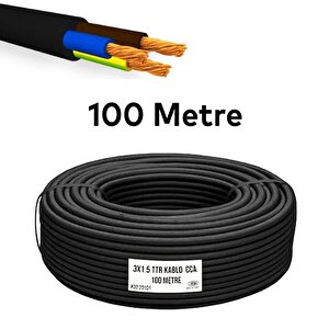 Ttr Cca Çok Telli Elektrik Kablosu Topraklı Bakır İletken Damarlı Siyah Kablo 3x1,5 100 Metre