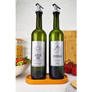 Vetro Standlı 2'li Zeytinyağı Ve Sıvıyağ Şişesi Gümüş Etiketli Yağdanlık 750 Ml Sh-0034