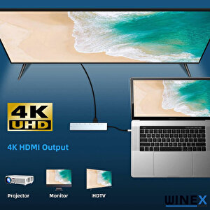 Winex 8in1 Usb Type-c Hub Port Adaptör Hdmi Usb Ethernet 100w Pd Girişli