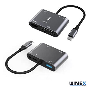 Winex 5in1 Type-c Hub Port Adaptör Hdmi Vga Usb Aux 100w Pd Girişli