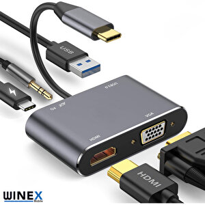 Winex 5in1 Type-c Hub Port Adaptör Hdmi Vga Usb Aux 100w Pd Girişli