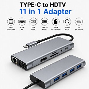 11in1 Hub Type-c To 4k Hdmi/usba 3.0/tf Sd/vga/3.5mm Aux/pd Şarj/rj45 Ethernet Dönüştürücü Adaptör