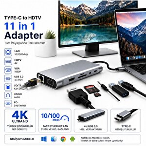 11in1 Hub Type-c To 4k Hdmi/usba 3.0/tf Sd/vga/3.5mm Aux/pd Şarj/rj45 Ethernet Dönüştürücü Adaptör