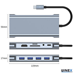 Winex 11in1 Hub Type-c To 4k Hdmi/usba 3.0/tf Sd/vga/3.5mm Aux/pd Şarj/rj45 Ethernet Dönüştürücü Adaptör