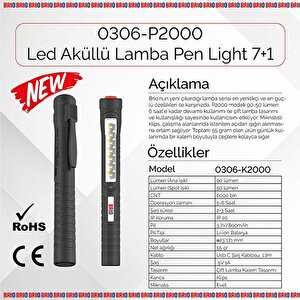 Mıknatıslı Kalem Led Lamba Micro Usb Girişli Oto Tamirci Lambası, El Feneri 7 + 1 Kalem Lamba