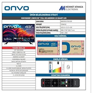 Onvo 43ov6000f Full Hd 43" 109 Ekran Uydu Alıcılı Android Smart Led Tv