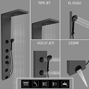 Venüs Premium Metalik Füme Masajlı Duş Paneli - Dikey Jakuzi -Duş Robotu - El Duşu - Duş Başlığı