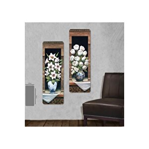 2 Parça Beyaz Çiçekler Mdf Tablo Seti  - 2dikey-03 / 30x85